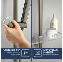 Douchestang met in hoogte verstelbare handdouchehouder en transparante planchet voor verzorgingsproducten.