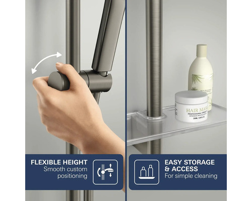 Douchestang met in hoogte verstelbare handdouchehouder en transparante planchet voor verzorgingsproducten.