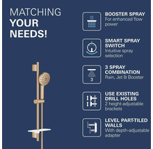 Glijstangset met handdouche, Booster-straal, intuïtieve straalkeuze, drie straalsoorten, verstelbare houders en diepte-instelbare adapter.