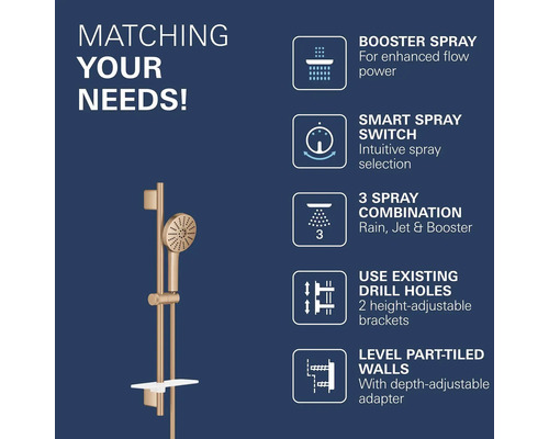 Glijstangset met handdouche, Booster-straal, intuïtieve straalkeuze, drie straalsoorten, verstelbare houders en diepte-instelbare adapter.