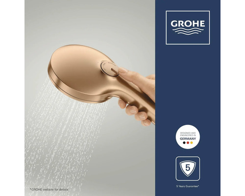 GROHE handdouche met straalregeling via drukknop, stromend water, GROHE Logo, ontworpen en ontwikkeld in Duitsland, 5 jaar garantie.