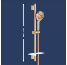 Doucheset in mat goud met 600 millimeter lange glijstang, ronde handdouche, doucheslang en planchet.