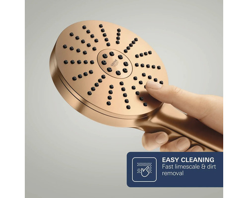Grohe handdouche met onderhoudsvriendelijke siliconen sproeigaatjes voor eenvoudige kalkverwijdering door afvegen.