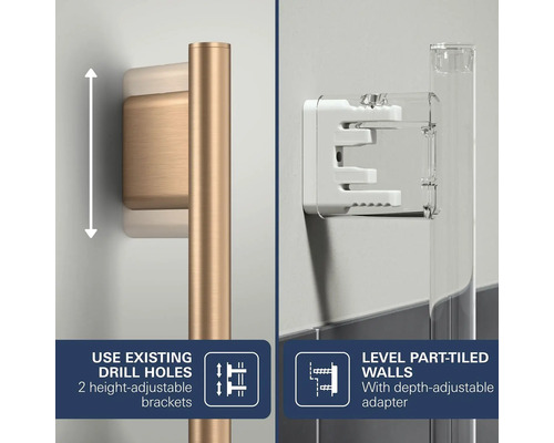 Douchestang met twee in hoogte verstelbare beugels voor bestaande boorgaten en een in diepte verstelbare adapter voor half betegelde wanden.