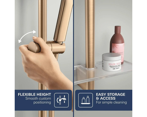 Douchestang met flexibele hoogteverstelling voor de douchekophouder en praktisch planchet voor het eenvoudig opbergen van verzorgingsproducten.