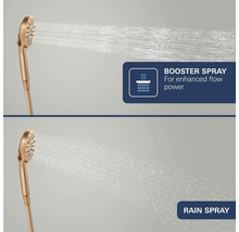 Goudkleurige handdouche met twee straalsoorten: Booster Spray voor extra kracht en Rain Spray voor een zachte regenstraal.