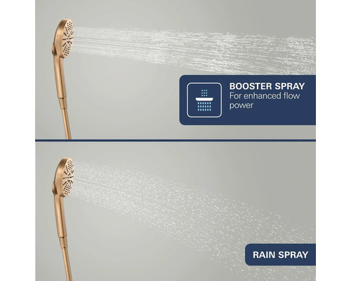 Goudkleurige handdouche met twee straalsoorten: Booster Spray voor extra kracht en Rain Spray voor een zachte regenstraal.