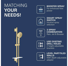 Gouden doucheset met handdouche. Kenmerken: 3 straalsoorten, straalschakelaar, in hoogte verstelbare beugels en diepte-instelbare adapter.