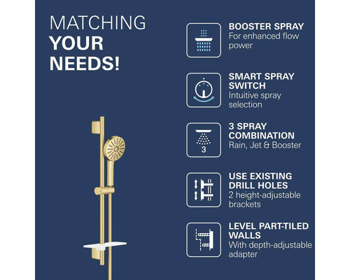 Gouden doucheset met handdouche. Kenmerken: 3 straalsoorten, straalschakelaar, in hoogte verstelbare beugels en diepte-instelbare adapter.