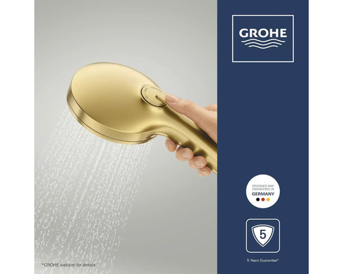 Grohe handdouche goud met waterstraal, omstelknop voor straalsoorten. Logo Grohe, zegel Duits ontwerp en 5 jaar garantie.