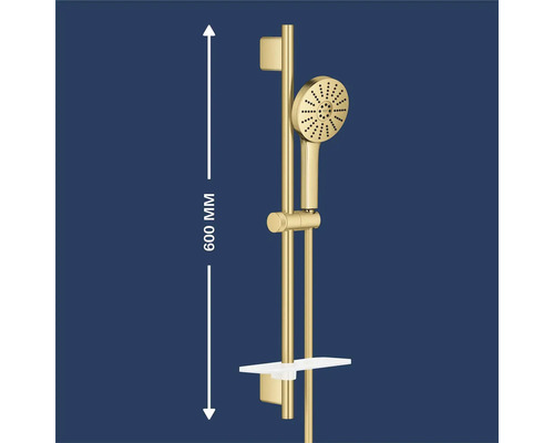 Goudkleurige doucheset bestaande uit een handdouche, douchestang van 600 millimeter lang, glijstuk en een planchet.