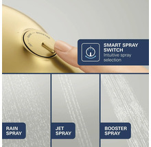 Smart Spray schakelaar op een handdouche voor intuïtieve keuze uit drie straalsoorten: Rain, Jet en Booster.
