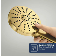 Goudkleurige Grohe handdouche met siliconen sproeigaatjes en eenvoudige reinigingsfunctie voor snelle verwijdering van kalk en vuil.