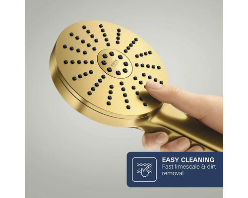 Goudkleurige Grohe handdouche met siliconen sproeigaatjes en eenvoudige reinigingsfunctie voor snelle verwijdering van kalk en vuil.