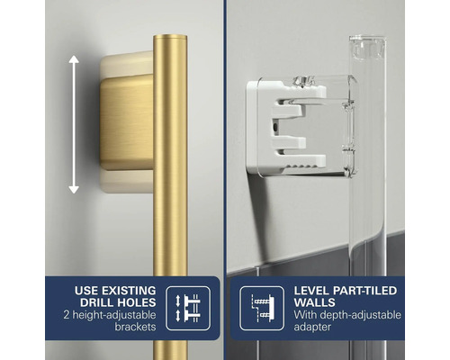 In hoogte verstelbare houder voor douchestangen voor gebruik van bestaande boorgaten en in diepte verstelbare adapter voor half betegelde wanden.