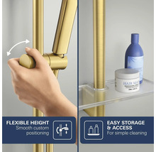 Douchestang van geborsteld messing met in hoogte verstelbare glijder en transparante planchet voor verzorgingsproducten.