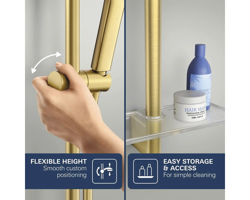 Douchestang van geborsteld messing met in hoogte verstelbare glijder en transparante planchet voor verzorgingsproducten.