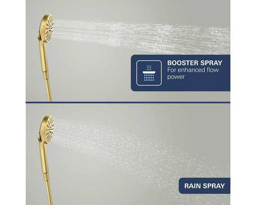 Handdouche met twee straalsoorten: Booster Spray voor een krachtige waterstraal en Rain Spray voor een zachte regenstraal.