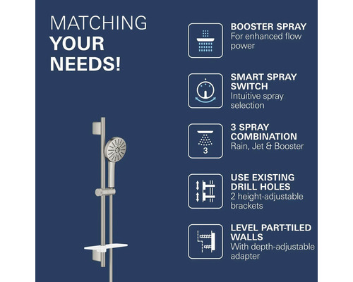 Douchestangset met handdouche en planchet, symbolen voor boosterstraal, straalkeuze, drie straalsoorten, flexibele montage en diepte-instelling.