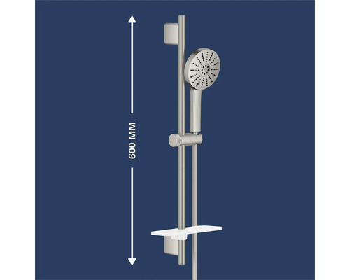 Doucheset met handdouche, 600 millimeter lange douchestang, glijstuk en witte zeepschaal in rvs-look.