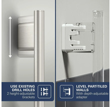 Douchestangbevestiging met in hoogte verstelbare beugels voor boorgaten en in diepte verstelbare adapter voor half betegelde wanden.
