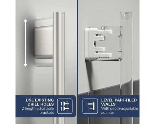 Douchestangbevestiging met in hoogte verstelbare beugels voor boorgaten en in diepte verstelbare adapter voor half betegelde wanden.