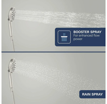 Handdouche met twee straalsoorten: Booster spray voor een krachtige waterstraal en Rain spray voor een zachte regenbui.