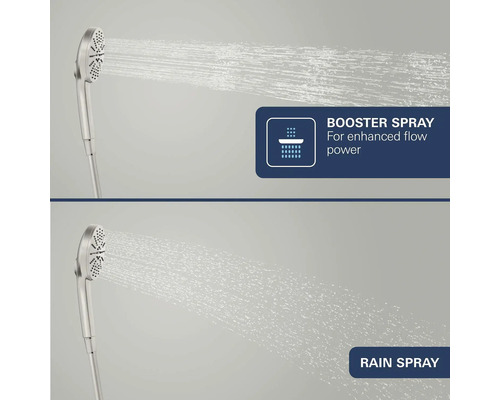 Handdouche met twee straalsoorten: Booster spray voor een krachtige waterstraal en Rain spray voor een zachte regenbui.