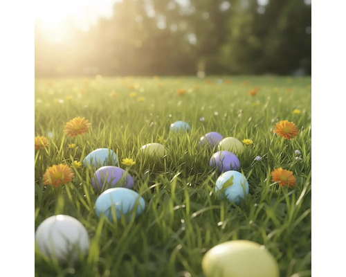 Gekleurde paaseieren verspreid op een zonnig groen gazon met kleine bloemen.
