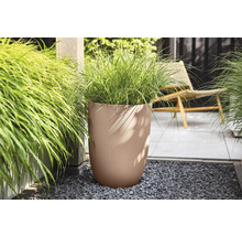 Beige plantenbak met golfstructuur en siergras op een modern terras met grijs grind.