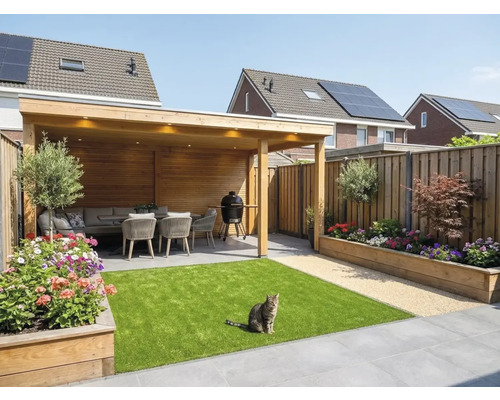 Moderne, lichte tuin met houten overkapping, tuinset, houten plantenbakken, kunstgras en een betegeld terras.