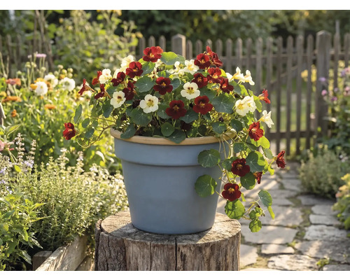 Oost-Indische kers in donkerrood en crème bloeiend in een grijze bloempot op een boomstam in een lichte tuin met een houten hek.
