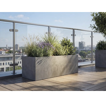 Rechthoekige plantenbak in betonlook op een dakterras met houten vloer en glazen reling, beplant met lavendel en grassen.