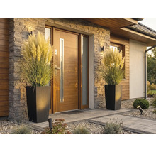 Moderne entree met houten voordeur, natuursteenstrips en twee hoge plantenbakken in rotanlook met pampasgras.