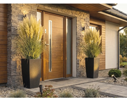 Moderne entree met houten voordeur, natuursteenstrips en twee hoge plantenbakken in rotanlook met pampasgras.