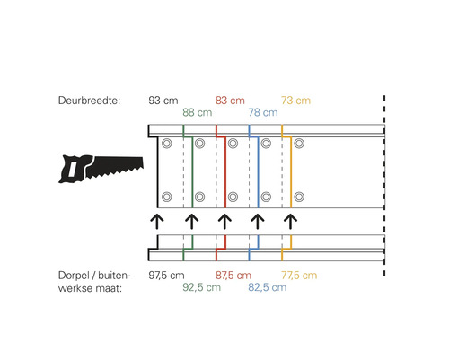Technische tekening van een dorpel met zaaginstructies voor verschillende deurbreedtes van 73 tot 93 centimeter en bijbehorende buitenmaten.