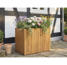 Grote rechthoekige plantenbak van houten latten, beplant met lavendel en geraniums, op een terras voor een vakwerkgevel.