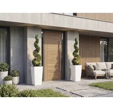 Moderne entree met houten voordeur, lange metalen handgreep, twee spiraalvormige planten in hoge witte plantenbakken en tuinmeubilair.