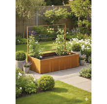 Rechthoekige metalen verhoogde plantenbak in roestlook met klimrek en bloeiende klimplanten op een terras in de tuin.