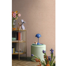 Moderne woonkamer met houten stellingkast, kleurrijke decoratie, groene poef en een blauwe tafellamp tegen een perzikkleurige muur.