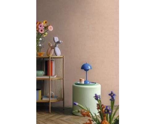 Moderne woonkamer met houten stellingkast, kleurrijke decoratie, groene poef en een blauwe tafellamp tegen een perzikkleurige muur.