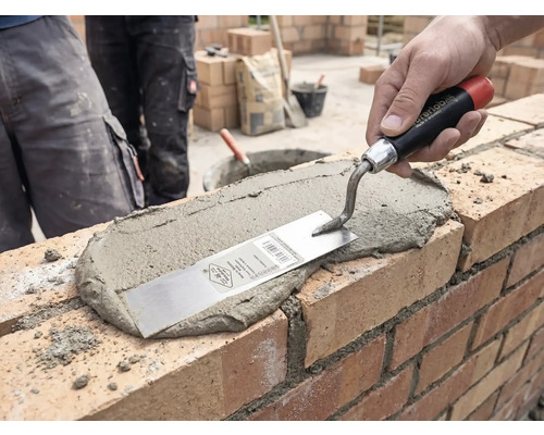 Hand brengt met een metselaarstroffel mortel aan op een bakstenen muur op een bouwplaats.