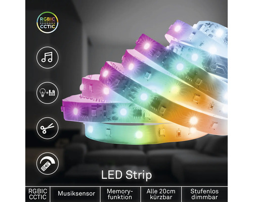 LED-strip RGBIC CCT met muzieksensor, geheugenfunctie, inkortbaar elke 20 centimeter en traploos dimbaar.
