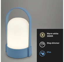 Blauwe draagbare LED-tafellamp voor buiten, handgreep, warm wit licht 3000 Kelvin, trapsgewijze dimmer en spatwaterdicht beschermingsklasse IP44.