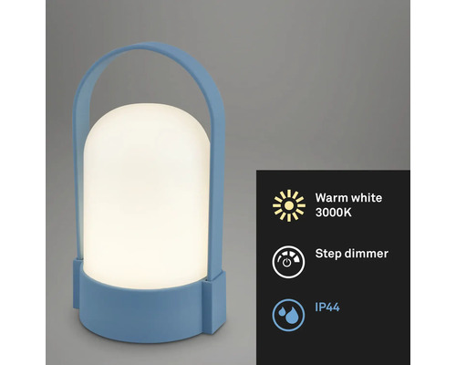 Blauwe draagbare LED-tafellamp voor buiten, handgreep, warm wit licht 3000 Kelvin, trapsgewijze dimmer en spatwaterdicht beschermingsklasse IP44.