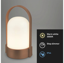 Draagbare koperkleurige LED tafellamp met handvat, warm wit licht 3000 Kelvin, trapsgewijze dimmer, beschermingsgraad IP44.