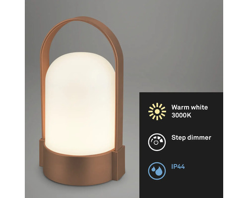 Draagbare koperkleurige LED tafellamp met handvat, warm wit licht 3000 Kelvin, trapsgewijze dimmer, beschermingsgraad IP44.