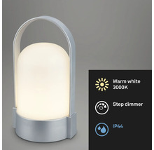 Draagbare LED-tafellamp met zilverkleurige behuizing en handgreep, warmwit licht 3000 Kelvin, trapsgewijze dimmer en beschermingsgraad IP44.
