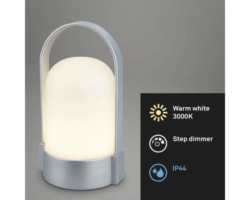 Draagbare LED-tafellamp met zilverkleurige behuizing en handgreep, warmwit licht 3000 Kelvin, trapsgewijze dimmer en beschermingsgraad IP44.