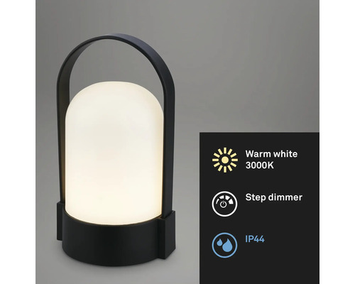 Draagbare buitenlamp met handgreep, warm wit licht 3000 Kelvin, trapsgewijze dimmer en beschermingsklasse IP44.